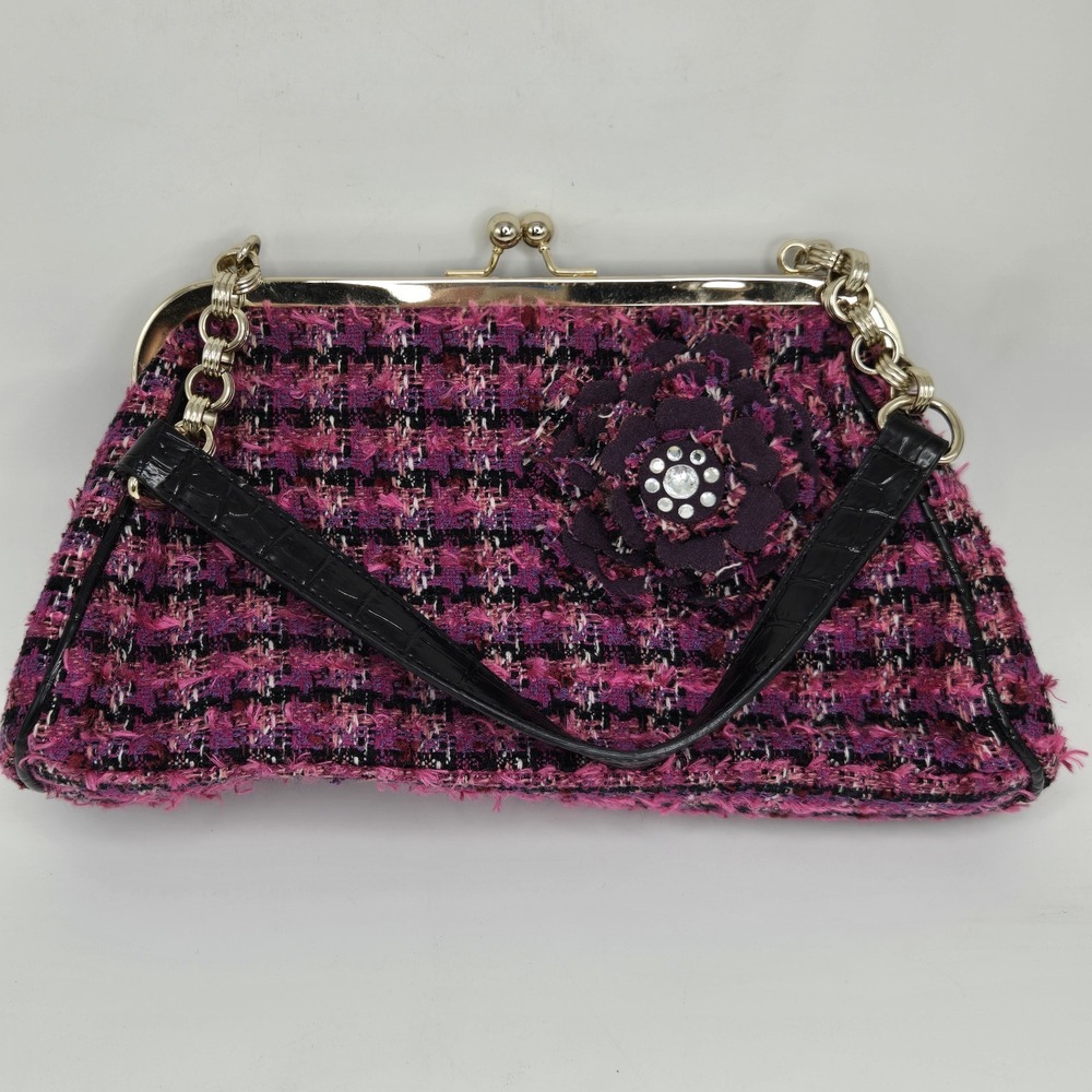Y2k Pink Plaid Tweed Kisslock Handbag Liz Clairborne Rhinestones Gold Hardware